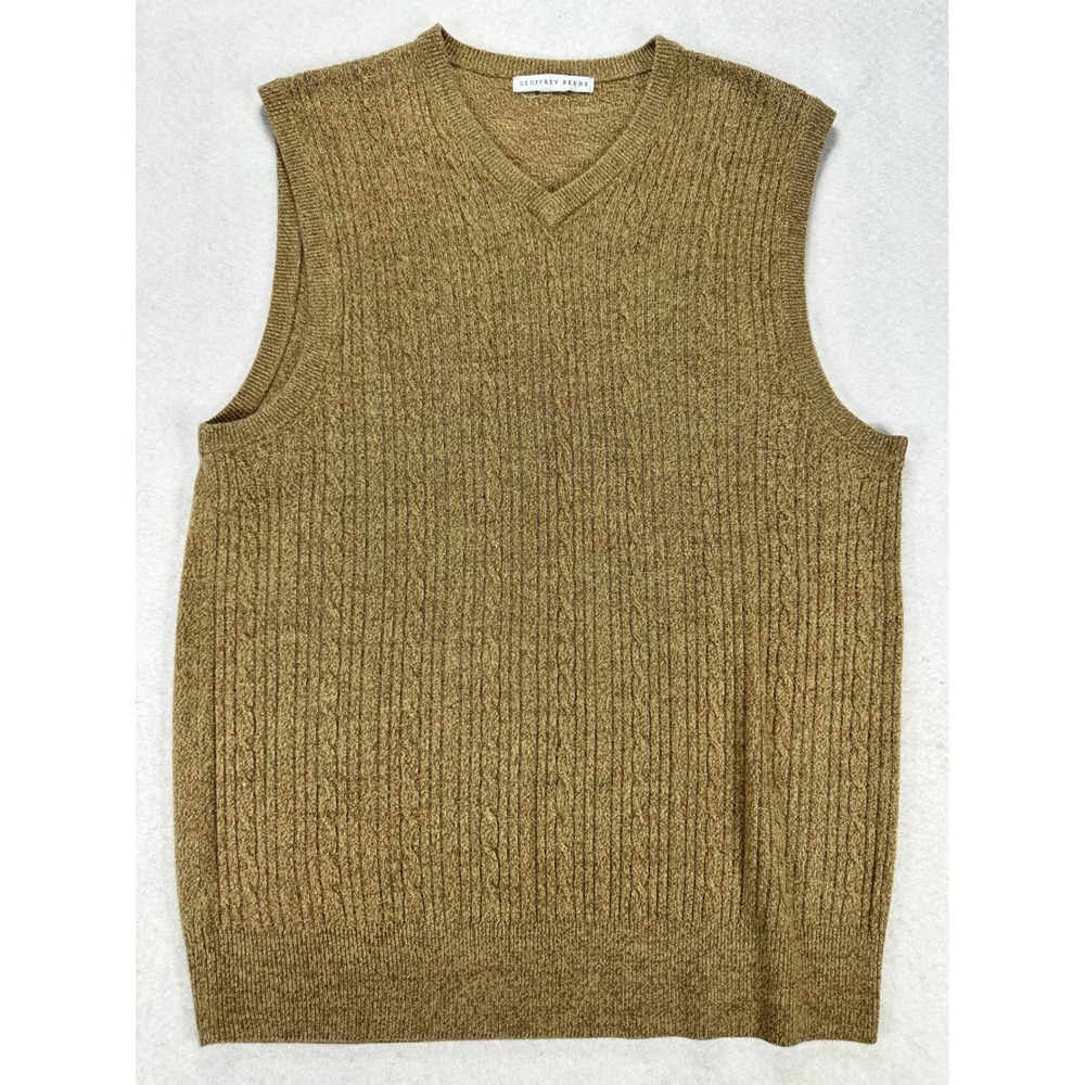 Geoffrey Beene 90s Mens V-Neck Sweater Vest Tan Brown Cable Knit Large L